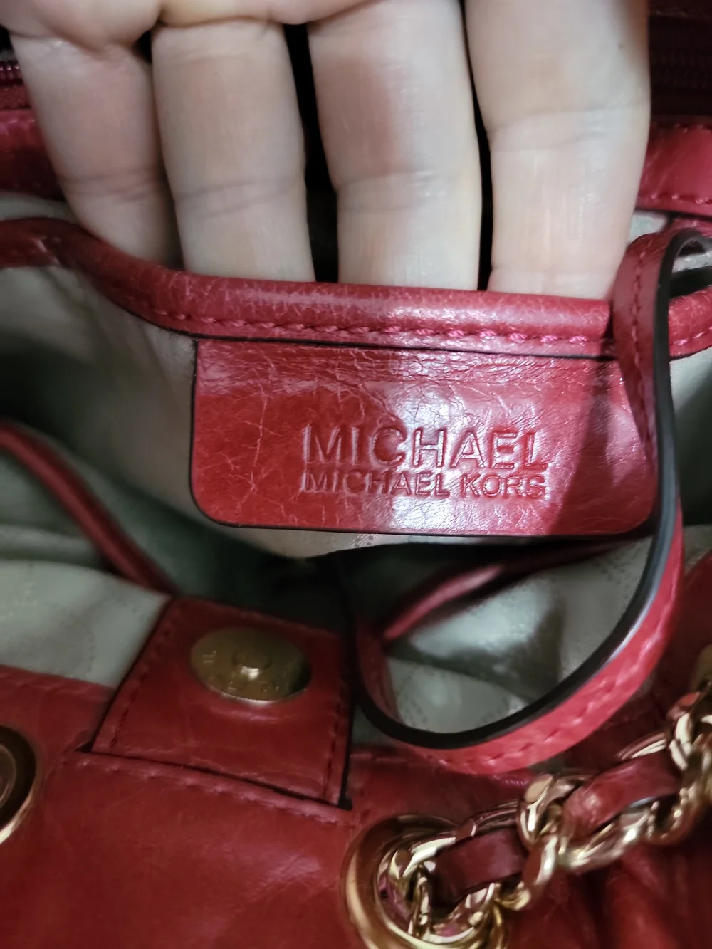 Michael Kors Red Quilted Leather Drawstring Shoulder Bag with Gold Chain